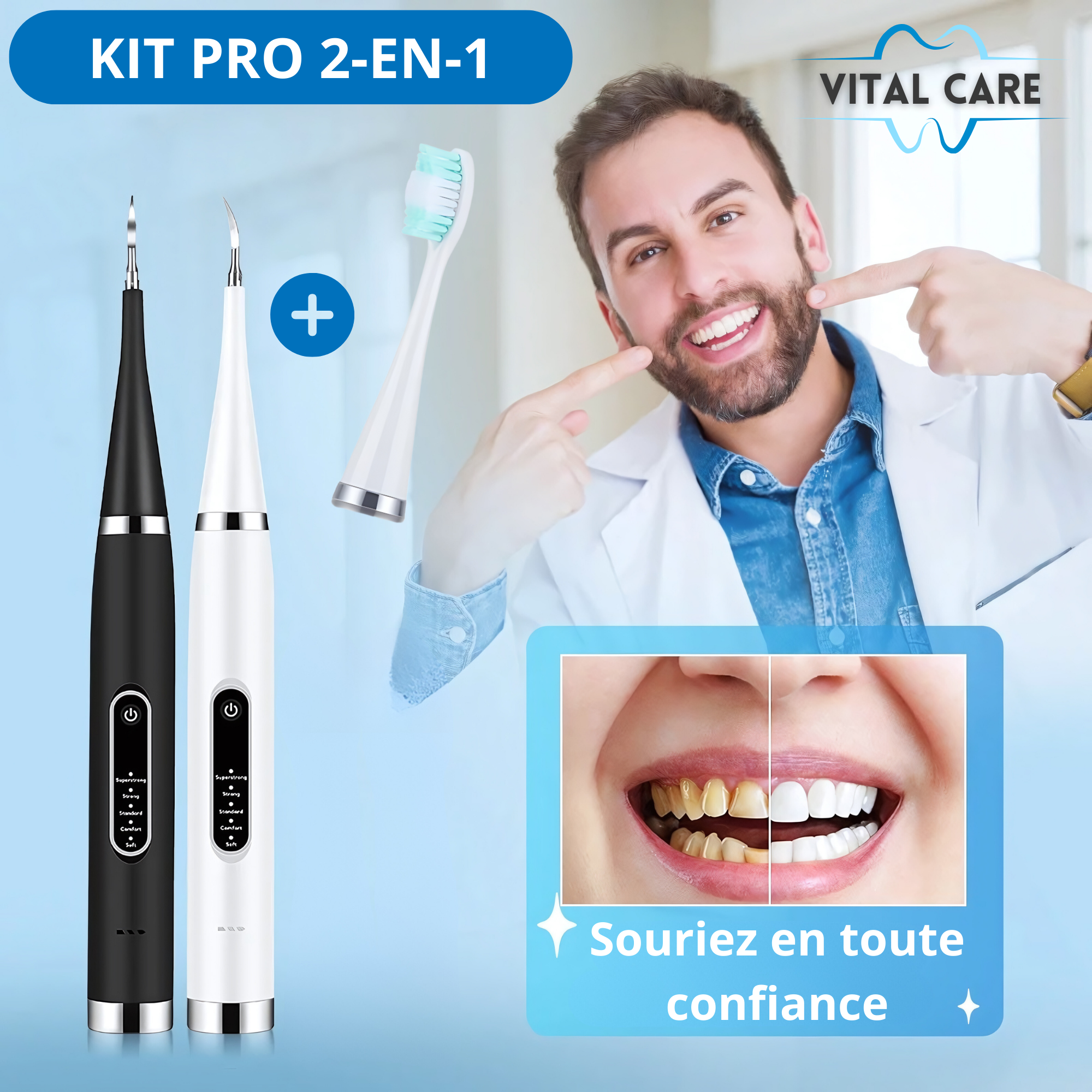 VITAL CARE | Kit dentaire ultime 2 en 1 : blanchiment et nettoyage efficaces