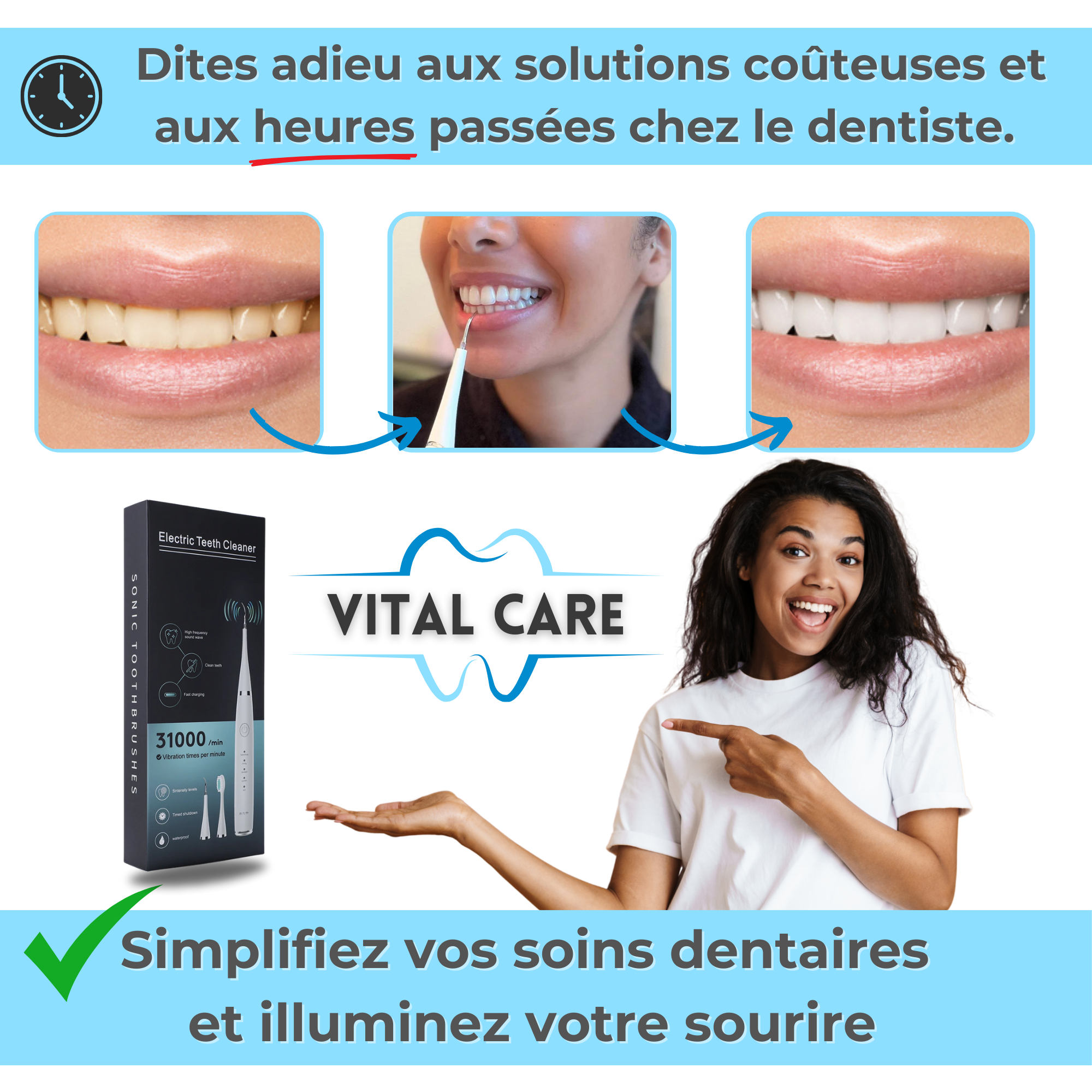 VITAL CARE | Kit dentaire ultime 2 en 1 : blanchiment et nettoyage efficaces